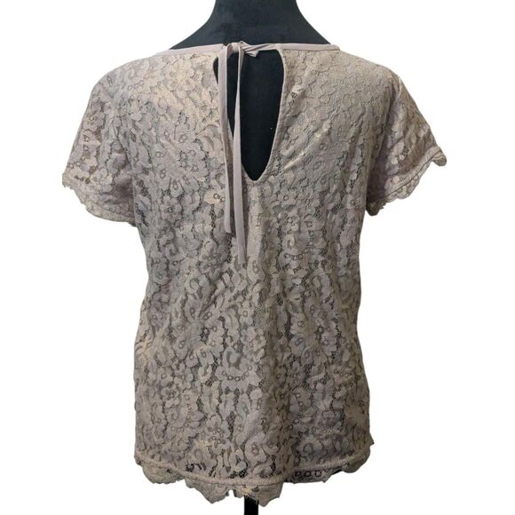 Joie Taupe Lace Overlay Top S Keyhole Tie Back Blouse Romantic Feminine - Picture 7 of 7